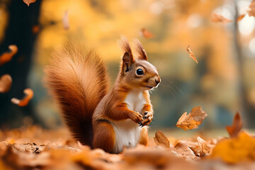 Obraz premium A squirrel sits amidst autumn leaves.