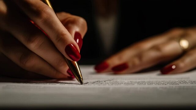 Close-up of female hands signing legal document with elegant pen, focus on signature and formality
