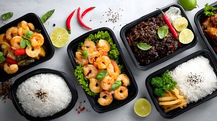 A delicious assortment of takeout Asian cuisine featu shrimp, rice, and vibrant vegetables is beautifully arranged on a neutral surface for a tempting meal.