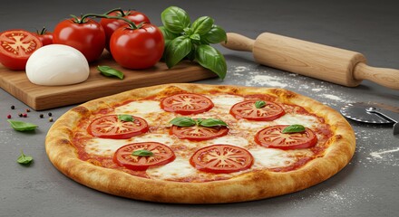 Tomato Pizza with Basil and Mozzarella