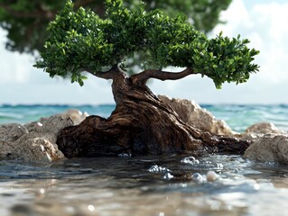 Serene Bonsai Tree on Coastal Rocks A Tranquil Coastal Scene