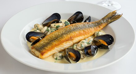 Fish with Mussels and Cream Sauce