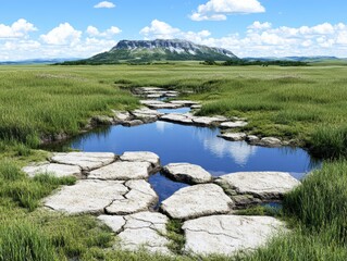 Serene Landscape Grassland Stream and Mountain Vista
