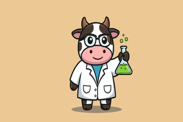 A cow dressed as a scientist in a lab coat, holding a bubbling green test tube.