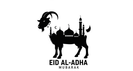 Eid al-Adha Mubarak Silhouette with Goat and Mosque | Muslim Holiday Celebration Vector Illustration for Greetings, Invitations, and Social Media