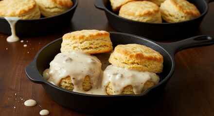 Biscuits and Gravy in Cast Iron Skillets