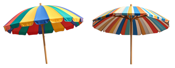 3D Colorful Beach Umbrella with Wooden Pole, angled view isolated on transparent background PNG