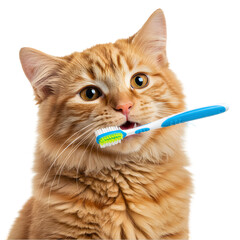 Ginger Cat Oral Hygiene: Brushing Teeth for Feline Dental Care on transparent background