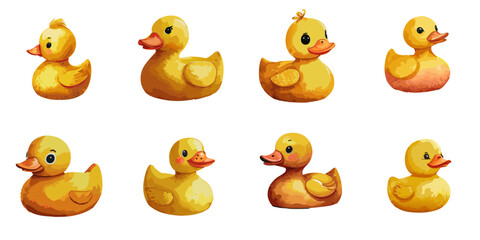 Multiple vector illustrations of rubber ducks, watercolor style