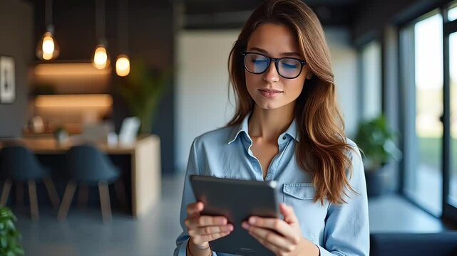 Smiling woman using tablet in cozy office space  
