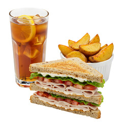 Turkey Sandwich Meal: Iced Tea, Potato Wedges, Lunch Combo on transparent background