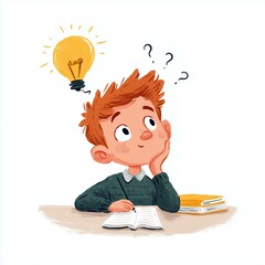 A little school boy in a green sweater sitting at the desk and writing in the notebook with idea bulb and question marks above the head