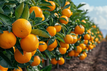Ripe citrus oranges adorn the leafy branches of a healthy orchard tree, a fresh and natural crop ready for juice