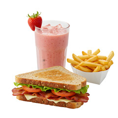 BLT Sandwich Meal: Bacon, Lettuce, Tomato, Fries, Strawberry Smoothie on transparent background