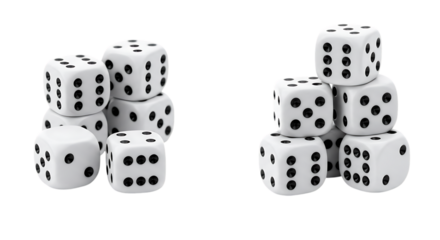 Isolated white dice, perfect for themes of casino games, gambling, and rolling the dice for a chance at success