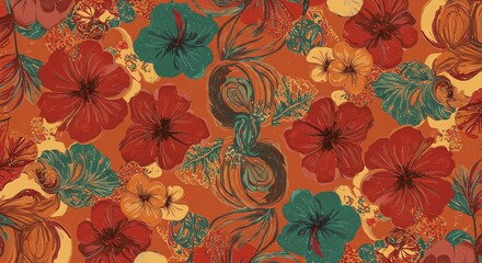 Vibrant Hibiscus Floral Pattern: Warm Autumn Hues and Artistic Design