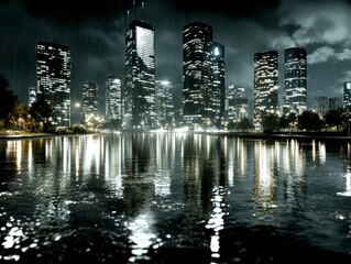 Obraz premium Rainy Night Cityscape Stunning Reflection of Illuminated Skyscrapers in Still Water
