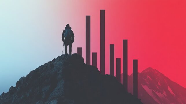 A lone hiker standing on a mountain peak with tall pillars behind him against a red and blue gradient sky.