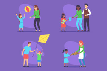 Vibrant set of various family activities. Children playing with toys while adults engaged in caring interactions, fostering joy and connection in their relationships