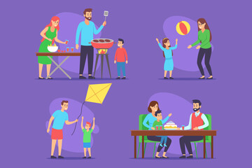 Lively family collection of people preparing food, playing games, flying kite, and celebrating birthday. Different activities with joyful interactions and love among family members