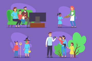 Various family activities with moments of joy. Family members enjoying gaming, child receiving treats, and costumes bringing fun, celebrating togetherness in vibrant setting