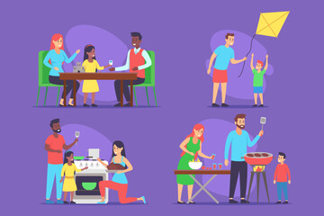 Joyful family collection with members engaging in different activities. People playing board games, flying kite outside, and cooking together in kitchen while grilling