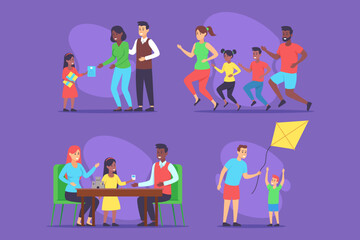Vibrant collection of family activities showcasing children playing games, family jogging, and families enjoying quality time together. Joyful moments in shared experiences concept