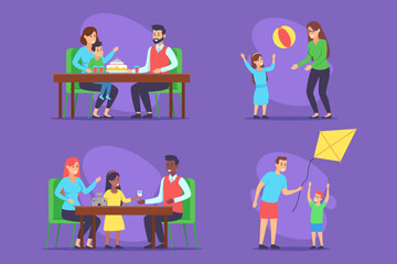 Lively family set of joyful activities including playing with ball, flying kite, and sharing meal together. Children and adults celebrating love and togetherness