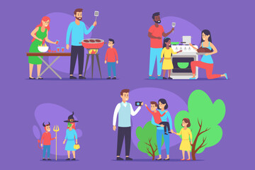 Families participating in various fun activities such as cooking, grilling, and enjoying playful moments outdoors. Children engaged in games while adults sharing laughter and joy together