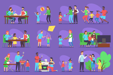 Vibrant family collection of children and adults engaging in various playful activities. From cooking and jogging to flying kites and enjoying meals together