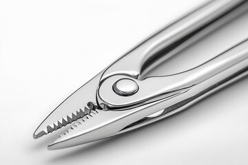 Fototapeta premium Closeup of shiny stainless steel pliers, modern tool with serrated jaws, precision hardware, industrial equipment