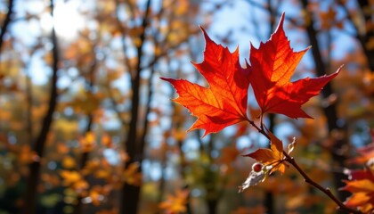 Bright Red Maple Leaves in Autumn Forest with Soft Focus and Warm Natural Light Reflecting a Tranquil Seasonal Change and Serenity of Nature