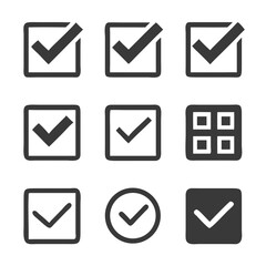 Check mark icons set, various styles, isolated on white background, vector illustration