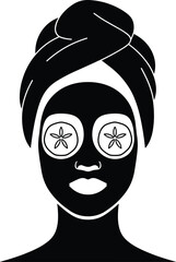 Black silhouette vector of a woman's face with a facial mask applied and two round cucumber slices over the eyes
