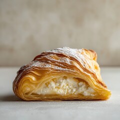 Fototapeta premium Golden Flaky Pastry Filled with Creamy Cheese on White Background