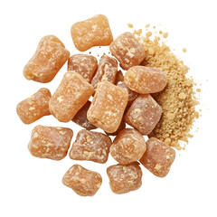 Ginger Candy: Close-Up of Crystallized Ginger Pieces and Ground Ginger on transparent background