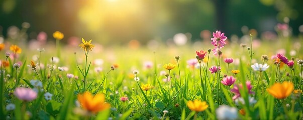 A vibrant spring meadow bursting with wildflowers, sunlit and idyllic, perfect for a picnic or leisurely stroll Enjoy the beauty of nature's renewal , natural, flowers
