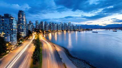 Fototapeta premium Vibrant skyline view at dusk with light trails along waterfront, showcasing city life