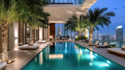 Fototapeta premium Luxurious poolside view with palm trees, modern architecture, and city skyline at dusk