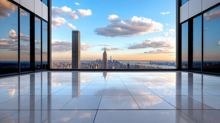 Fototapeta premium Stunning view of city skyline with reflections polished floors, showcasing modern architecture