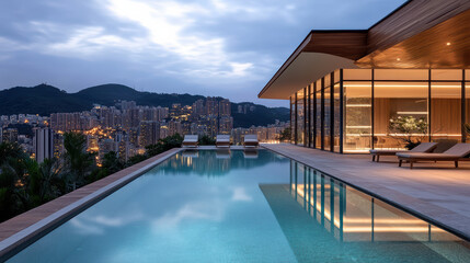 Fototapeta premium Luxurious rooftop pool overlooking vibrant cityscape at dusk, with serene water reflections