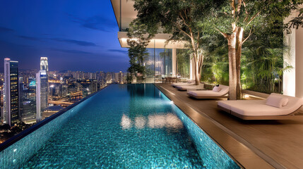 Fototapeta premium Luxurious infinity pool night with city skyline view, surrounded by greenery and modern design