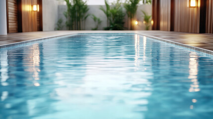 Serene pool surface reflects surrounding greenery and warm lighting, creating tranquil