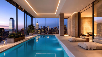Luxurious indoor pool with skyline view, modern design, and serene ambiance