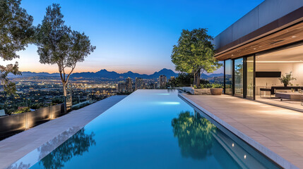 Fototapeta premium Luxurious infinity pool overlooking city skyline at dusk, surrounded by trees and mountains