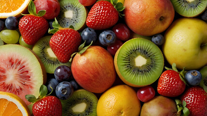 Obraz premium Vibrant Collection of Fresh Fruits A Delightful Mix of Strawberries, Kiwis, Apples, and More