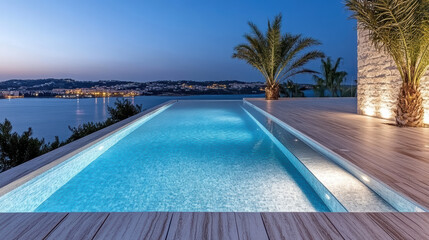 Luxurious infinity pool with clear blue water, surrounded by palm trees and scenic views