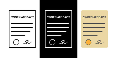 Sworn affidavit (witness statement) icon in outline, dark mode, and color styles, vector illustration of an official legal document containing a written and signed declaration of facts under oath.