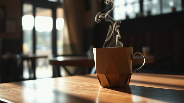 Warm coffee cup steaming on a wooden table in a cafe