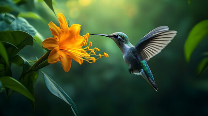 Fototapeta premium A hummingbird hovers near a vibrant orange flower.